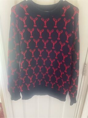 Kiel James Patrick Navy Sweater with Red Lobster Pattern